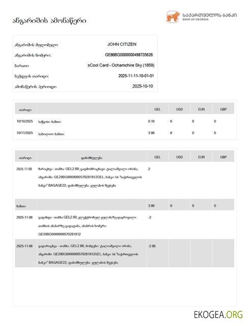 Géorgie Relevé de compte de la Bank of Georgia Modèle Word et PDF